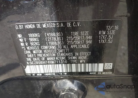 2017 Honda Hr-V Ex-L from USA, damaged, VIN 3CZRU6H74HM711316